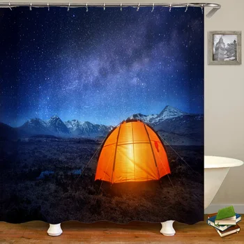 3D 프린트 욕실 커튼, 별이 빛나는 하늘, 캠핑 밤 풍경 샤워 커튼, 후크 홈 장식, 방수 원단 목욕 스크린