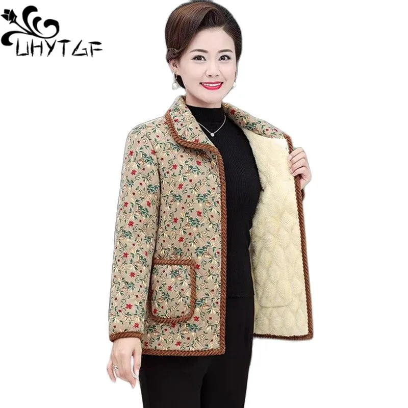 

UHYTGF Mother Autumn Winter Cotton Jacket Womens Fashion Print Fleece Warm Parker Coat Female Cold-Proof Short Overcoat 5XL 2239