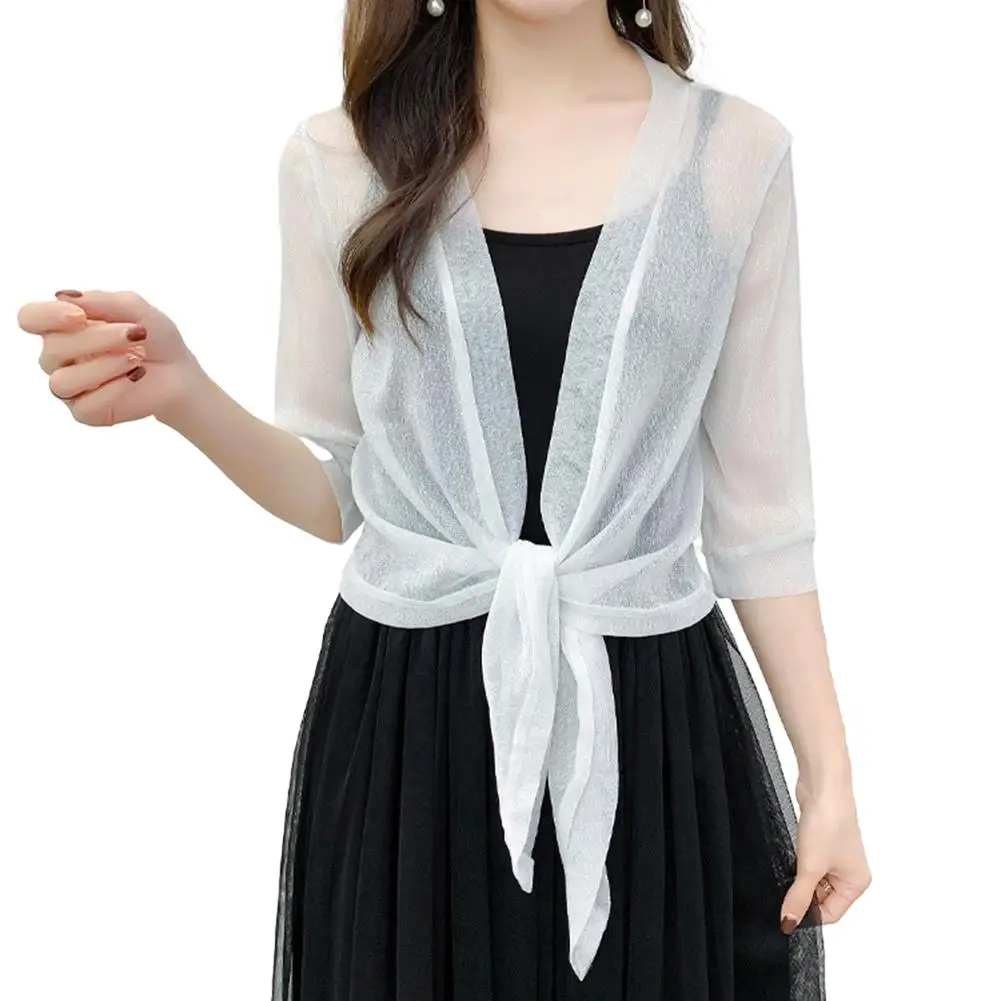 

Air-Conditioning Shirt Daily Leisure Light Cardigan Blusas Tops Rayon See-Through Solid Color Summer Elegant Female