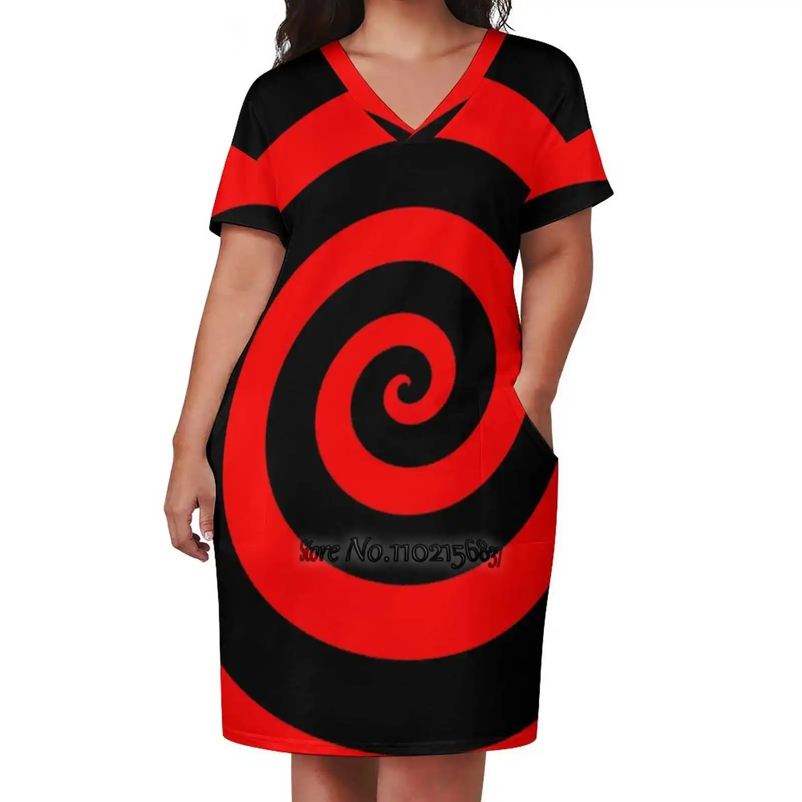 

Spiral - Red And Black V-Neck Short Sleeve Skirt Korean Kawaii Skirts Party Dresses Spiral Black Red Tunnel Circle Circular