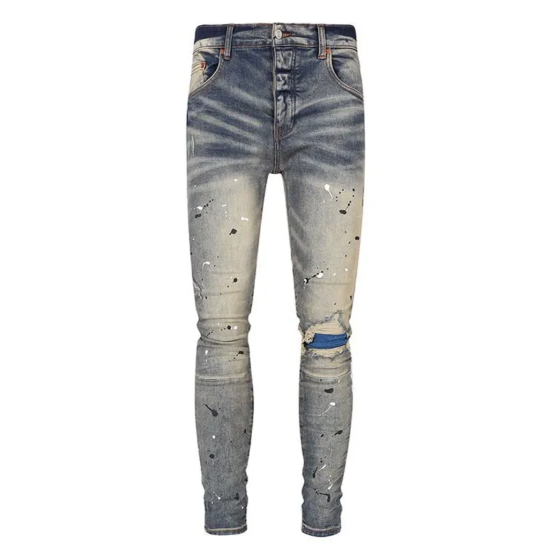 

High Street Fashion Men Jeans Retro Washed Blue Stretch Skinny Fit Ripped Jeans Men Patched Designer Hip Hop Brand Pants Hombre