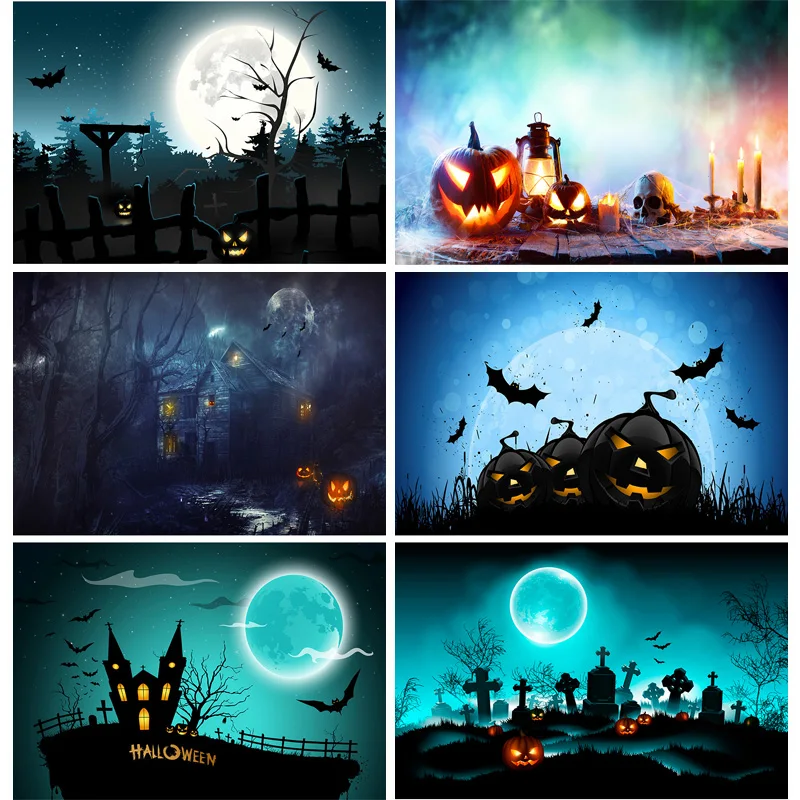 

Halloween Backdrop Pumpkin Lantern Castle Forest Moon Tombstone Baby Photography Background For Photo Studio Props 21802 WS-06
