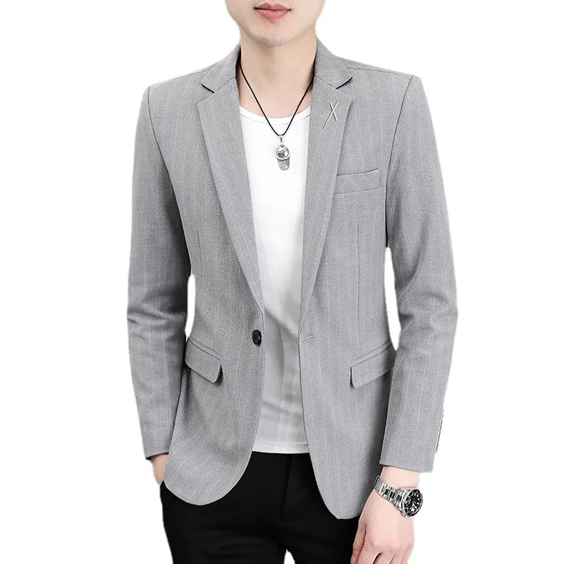 

New Men's Solid Color Gentleman Slim Trend Casual Striped Blazer All Match British Style Breathable Youth Fashion Handsome Suit