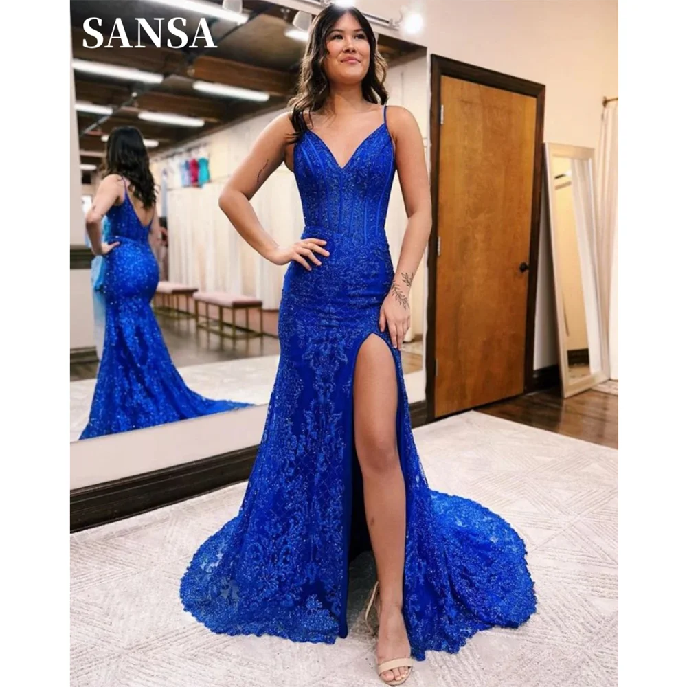 Sansa Sexy Spaghetti Strap Prom Dress Side Split Mermaid فستان حفلات الزفاف Sapphire Blue Fishtail Lace Embroid Robes De Soirée
Sansa Sexy Spaghetti Strap Prom Dress Side Split Mermaid فستان حفلات الزفاف Sapphire Blue Fishtail Lace Embroid Robes De Soirée