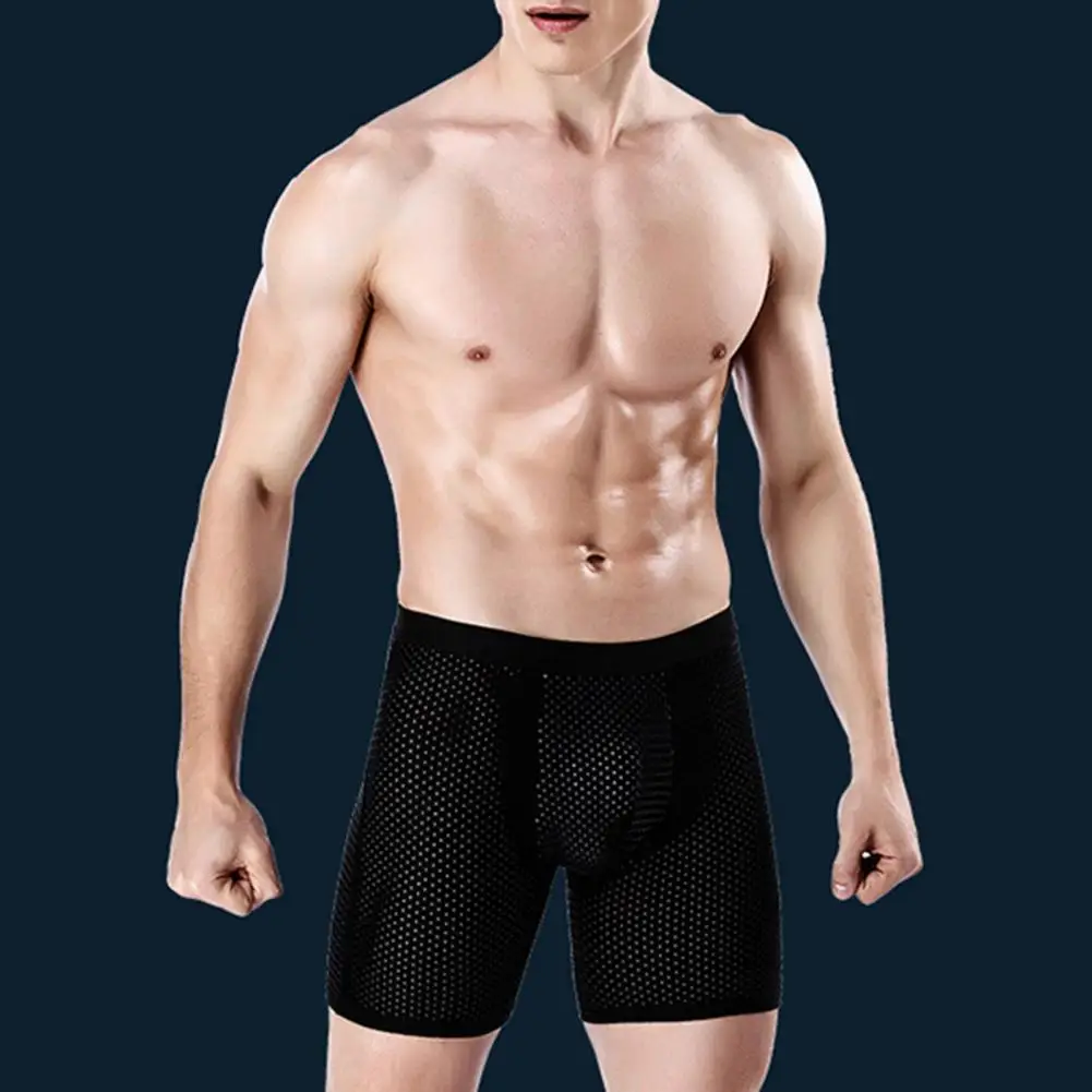

Men Boxers Solid Color Multi Holes Breathable Hollow Out Elastic Anti-septic Mid Waist U Convex Plus Size Men Underpants for Dai