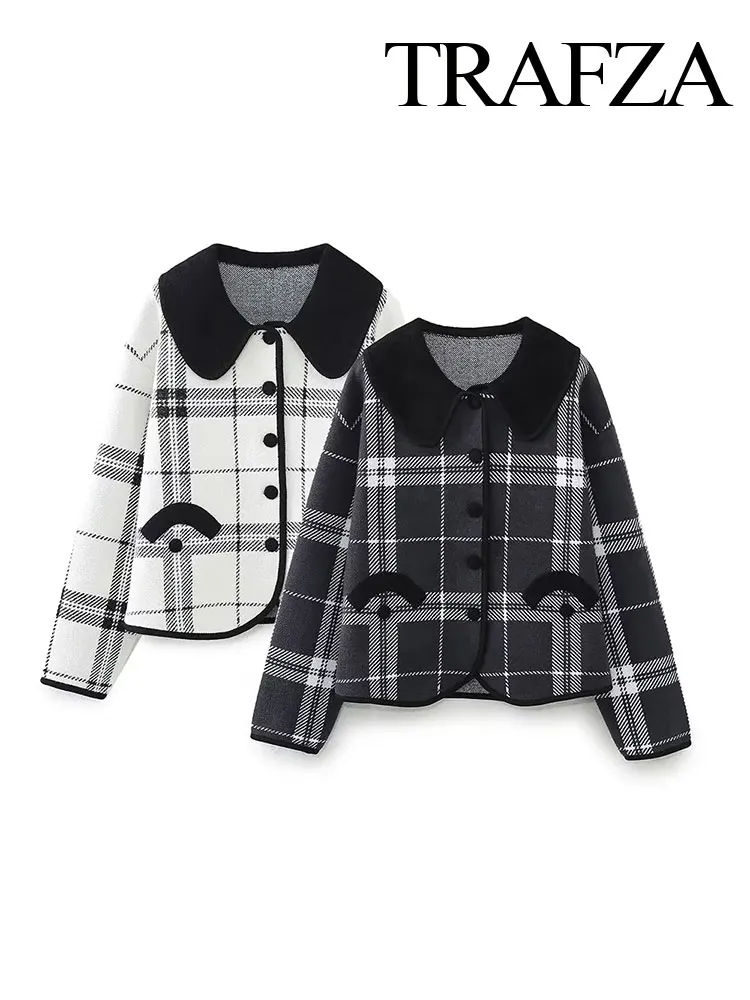 TRAFZA Autumn Women's Lapel Knitted Jacket Fashion Plaid Patchwork Round Neck Single-Breasted Loose Women's Short Jacket Y2K
TRAFZA Autumn Women's Lapel Knitted Jacket Fashion Plaid Patchwork Round Neck Single-Breasted Loose Women's Short Jacket Y2K