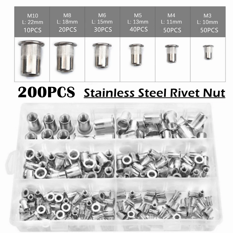 

200PCS M3 M4 M5 M6 M8 M10 Stainless Steel Flat Head Rivet Nuts Set Insert Reveting Multi Size Stainless Steel Rivet Nut Set