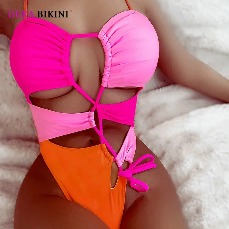 

DEKA Hollow Out Bandage Neon Swimwear Women High Neck Solid Black Cut Out Backless Monokini Bathing Suit One Piece Swimsuit