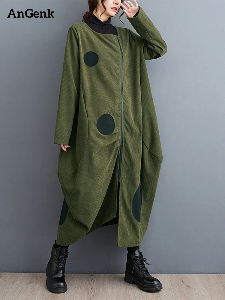 

2023 Autumn Winter Oversized Polka Dot Zipper Long Trench Coat For Women Patchwork Casual Loose Vintage Outerwear Cardigan