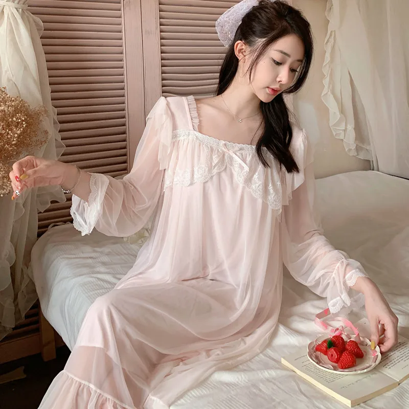 

Осенняя сетчатая ночная рубашка с квадратным вырезом, Женская Милая Ночная сорочка из модала, кружевная ночная рубашка с длинным рукавом, ночная рубашка принцессы, одежда для сна