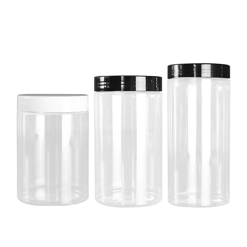 

12pcs Plastic Wide Mouth Bottle Containers 68Dia.Empty Clear Flower Tea Pots PET Black White Lid Cosmetic Jars 300ml 400ml 500ml