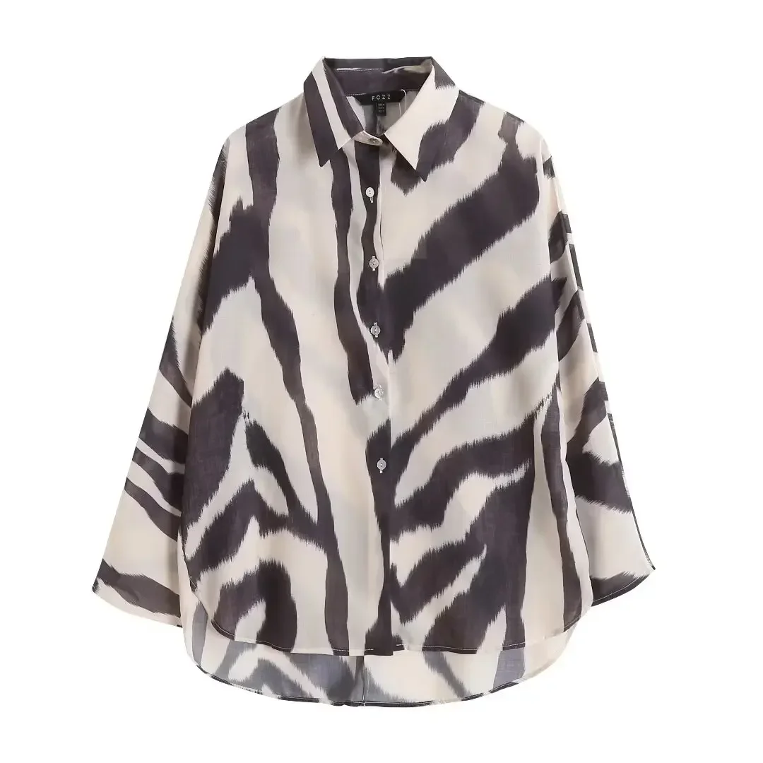 

Women's 2023 Fashion Joker Loose Version Soft Texture Zebra Pattern Blouses Retro Long Sleeve Button Long Shirt Chic Top.