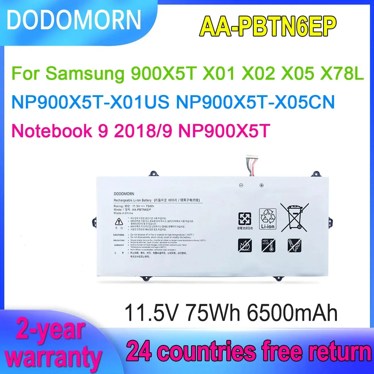 

DODOMORN AA-PBTN6EP 11.5V 75Wh Laptop Battery For Samsung Notebook 9 2018 NP900X5T 900X5T X01 X02 X05 X78L X01US X05CN Series