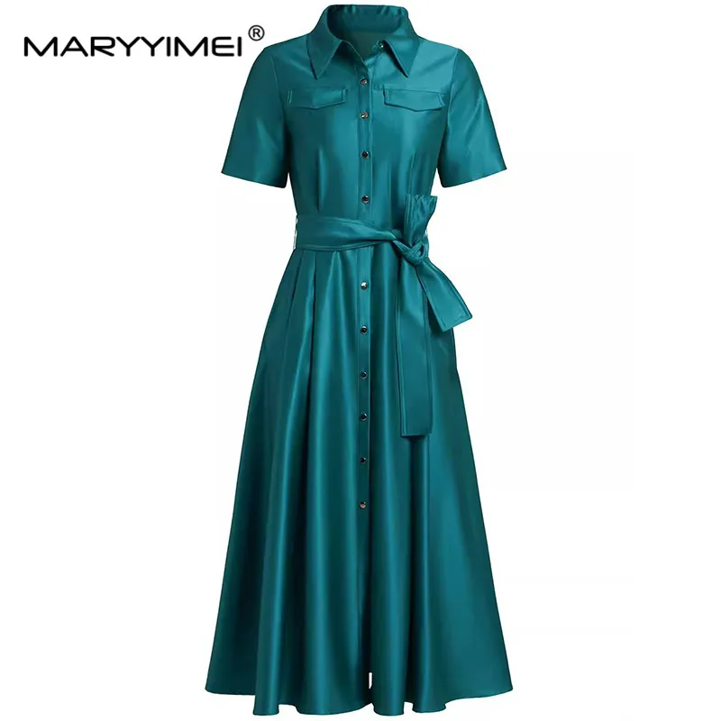 

MARYYIMEI модная женская новая рубашка воротник с короткими рукавами карманами однобортное на шнуровке винтажное ворсистое приталенное платье миди
