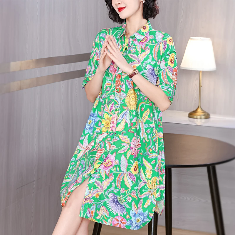 2024 New Silk Short sleeved Printed Shirt Dress for Women Polo Neck Loose Large Size Slimming Retro Summer Knee Length Skirt
2024 New Silk Short sleeved Printed Shirt Dress for Women Polo Neck Loose Large Size Slimming Retro Summer Knee Length Skirt