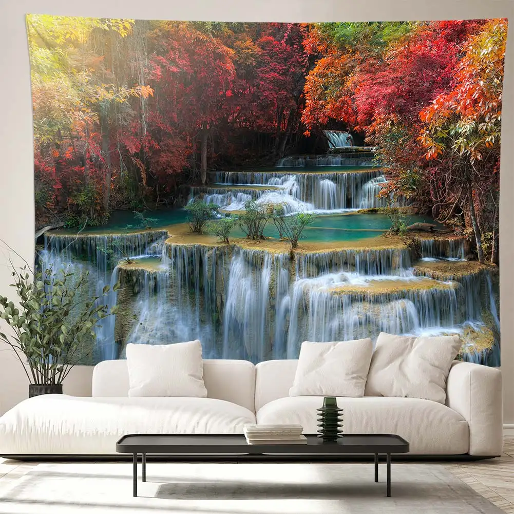 

Natural Landscape Waterfall Tapestry Green Forest Tropical Rainforest Tapestries Wall Hanging Decor for Bedroom Living Room Dorm