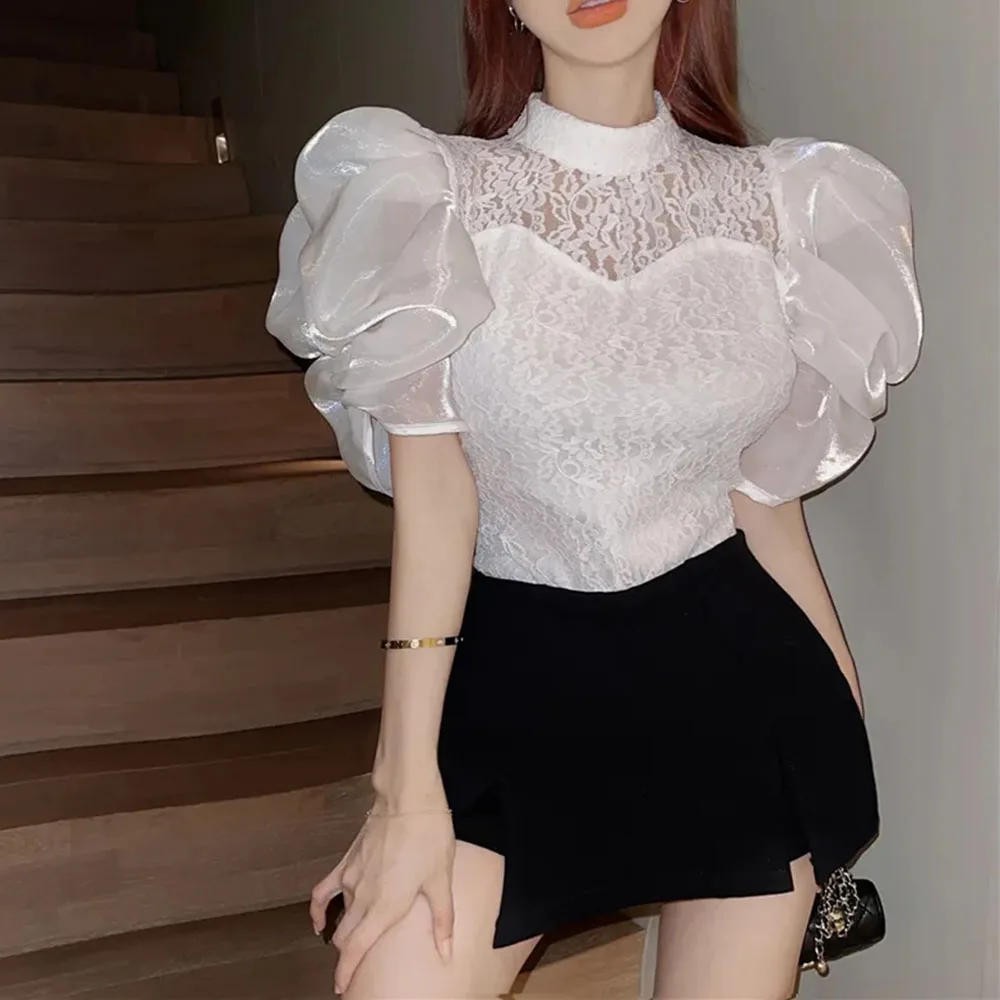 

Summer Chic Court Style Lace Hollowed Shirt Womens French Elegant Bubble Sleeve Blouses Ladies Tops Sweet Camisas Y Blusas Mujer