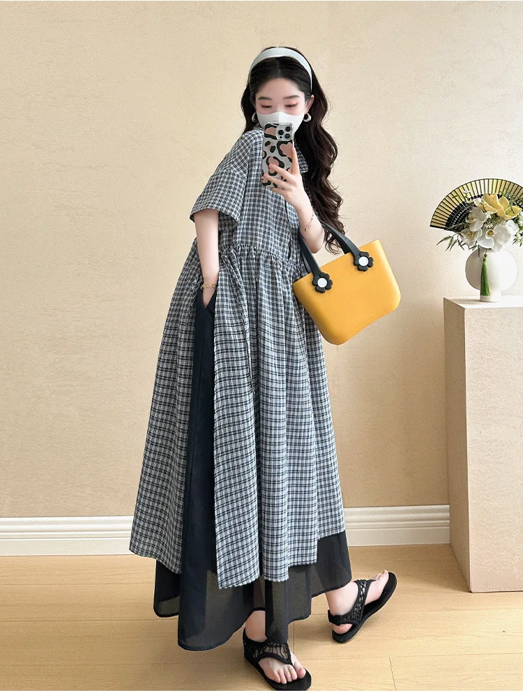 Summer Maternity Dress: Fashionable Checkered Fake Two-Piece Shirt Dress - Stylish & Comfortable Pregnancy Wear for Trendy Moms 6 S63cb8886039341ce8c8aed64252334a9i