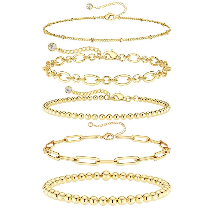 

6 Types Gold Anklets Bracelets for Women Gold Bracelet Set, Cuban, 14K Gold Plated Dainty ankle bracelets for women
