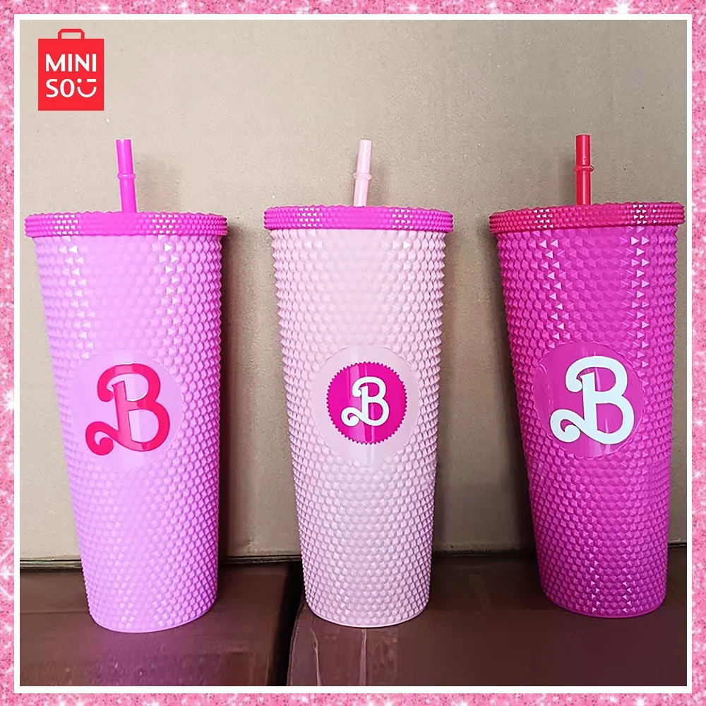 

2024 Hot Miniso Barbie Pink New Plastic Straw Double 710Ml Portable Mug Star Label Durian Cup Girl Halloween Christmas Gift