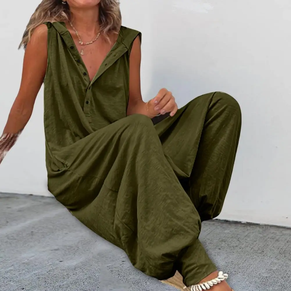 Women Jumpsuit Sleeveless Button Closure Solid Color Loose-fitting Lint Free Decorative Cotton Blend Summer Hooded Jumpsuit
Women Jumpsuit Sleeveless Button Closure Solid Color Loose-fitting Lint Free Decorative Cotton Blend Summer Hooded Jumpsuit