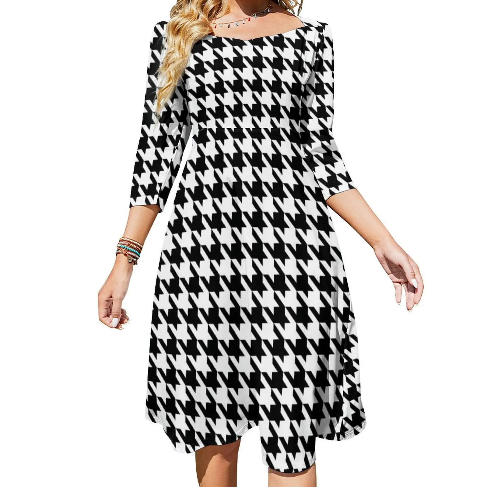 

Black And White Plaid Dress Summer Houndstooth Retro Dresses Women Three Quarter Street Wear Graphic Oversized Casual Dress