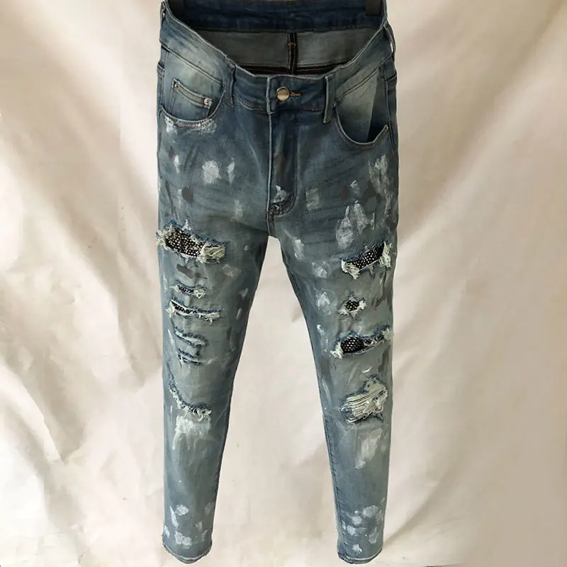 

Ripped Hole Design Stretchy Jean Rhinestones Splashing Ink Patchwork Male Hip Hop Style Trouser For Men Pantalon Vaqueros Hombre