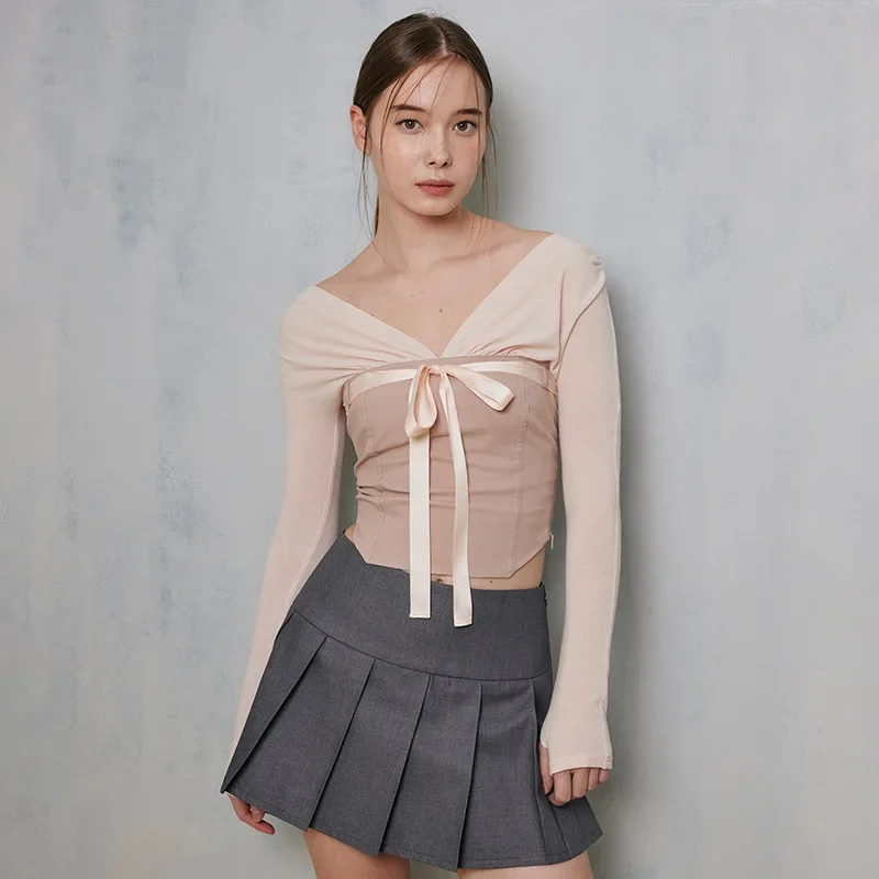 Women's V Neck Bandage Tube Top Light Pink Slim Long Sleeve Crop Tops Y2k Sweet Girl T Shirts Fashion Spring Autumn Tees YWFD021
Women's V Neck Bandage Tube Top Light Pink Slim Long Sleeve Crop Tops Y2k Sweet Girl T Shirts Fashion Spring Autumn Tees YWFD021