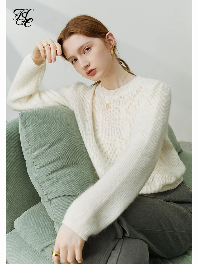 

FSLE Mohair Cropped Pullover Sweater Women Autumn Winter Long Sleeve Knit Casual All-match Round Neck Female Inner Wear Sweaters