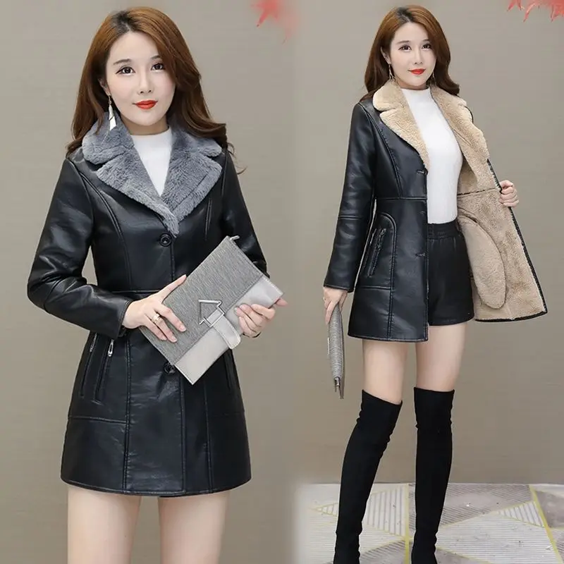 Spring and Autumn style plush and thick leather jacket for women, medium length fur collar, leather trench coat for women
Spring and Autumn style plush and thick leather jacket for women, medium length fur collar, leather trench coat for women