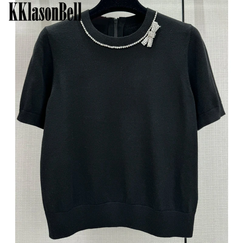 

12.23 KKlasonBell Fashion Luxury Diamonds Bow Short Sleeve 100% Cashmere Knitted Pullover Sweater Women