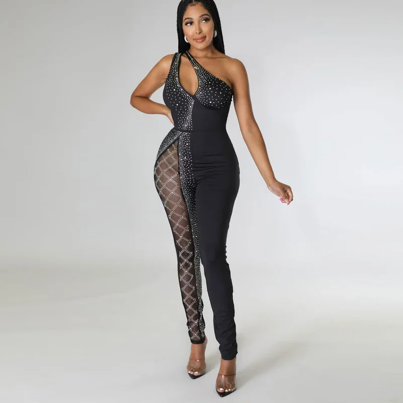 

WUHE Hot Rhinestones Mesh Patchwork Sleeveless One Shoulder Women Jumpsuit 2024 Diamonds Sexy Club Party One Piece Overalls