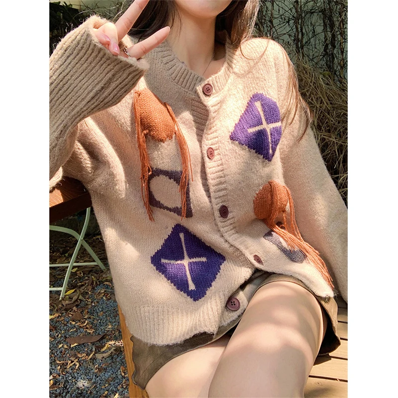 

MEXZT Streetwear Print Knitted Cardigan Women Kawaii Cropped Tassel Sweater Coat Vintage Korean Knitwears Japanese Casual Jumper