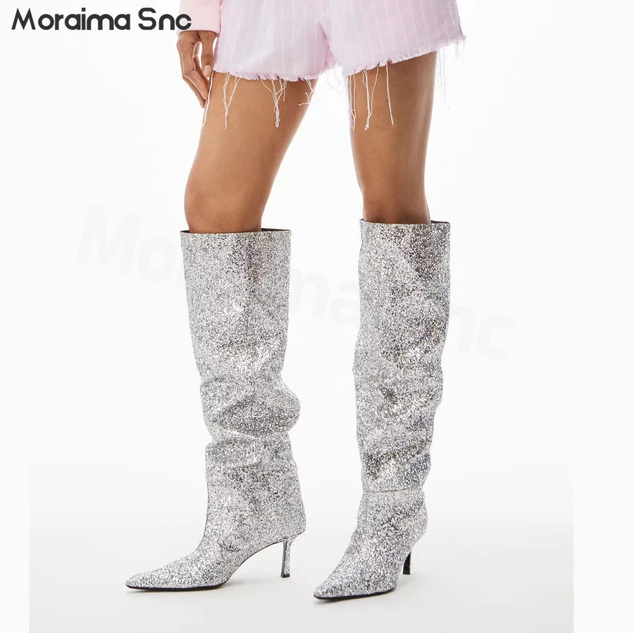 

Silver Sequined Pleated Pile Boots Pointed Toe Stiletto Retro Cowboy Boots Casual Fashion Over The Knee Large Size Leather Boots