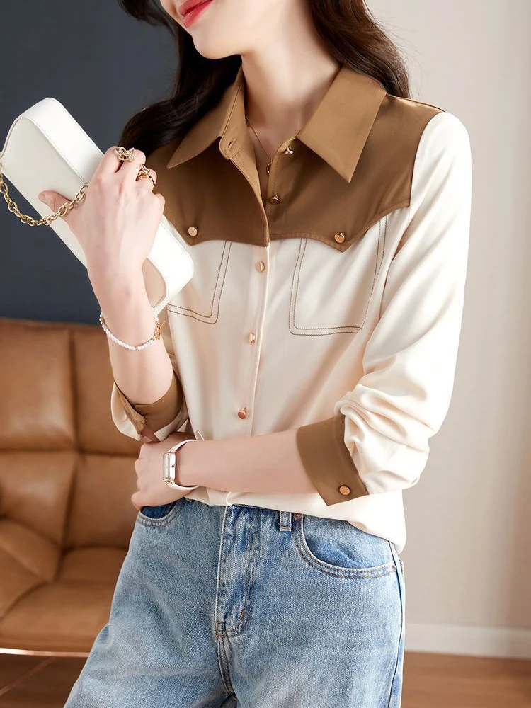

Элегантная женская шифоновая рубашка Zoki, модная Лоскутная Блузка с длинным рукавом, Корейская Офисная Женская Повседневная Милая универсальная Весенняя блузка, Новинка