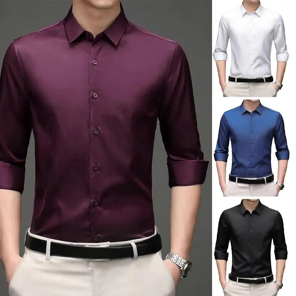 

Men Fall Shirt Formal Business Shirt Solid Color Anti-wrinkle Lapel SIngle-breasted Long Sleeves Slim Fit Silky Breathable Top