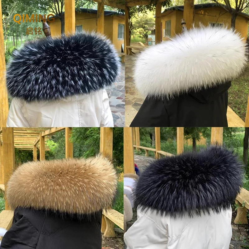 

Real Fur Collar Furry Raccoon Fur Scarf Neck Warmer Women Men Luxury Warm Winter Coat Hood Decor Fur Shawls Black Luxery Scarf