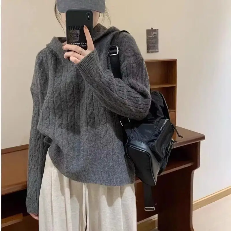 Women's Hooded Pullover Sweater Hoodie Knitwear Fall Winter Korean Style Knitted Tops Solid Color Crop Knit Sweatshirt
Women's Hooded Pullover Sweater Hoodie Knitwear Fall Winter Korean Style Knitted Tops Solid Color Crop Knit Sweatshirt