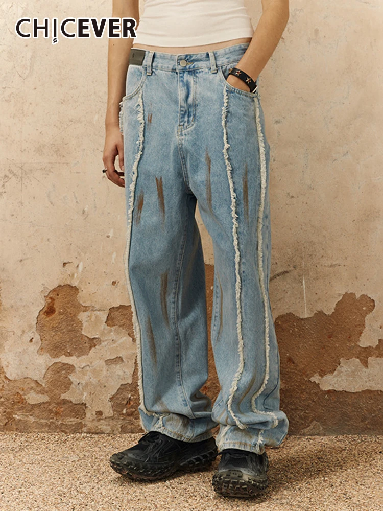 

CHICEVER Patchwork Raw Hem Vintage Denim Pants For Women High Waist Spliced Pockets Casual Colorblock Straight Trousers Female