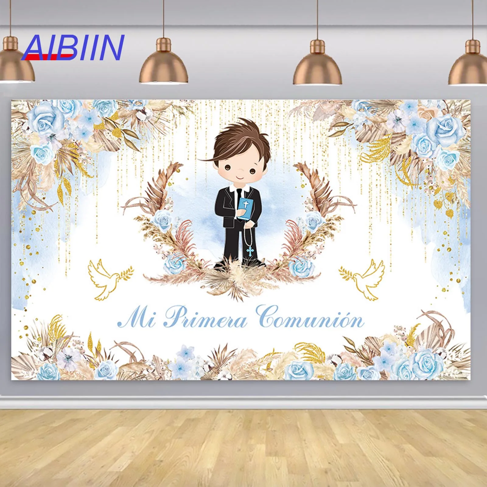 

AIBIIN My First Holy Communion Banner Backdrop Boho Floral Boy or Girl Baptism God Bless Background Christening Party Decoration