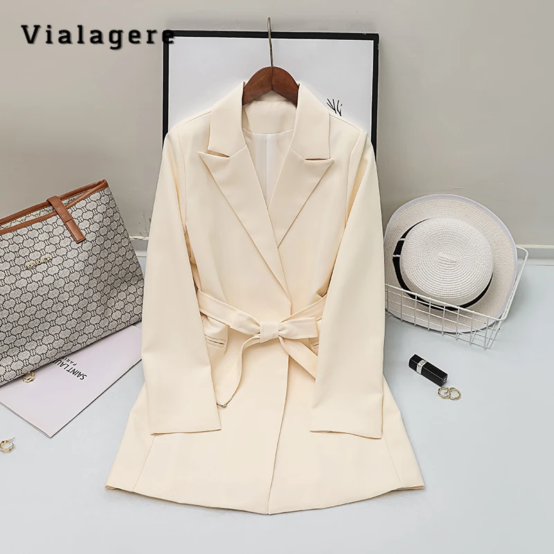 

Women Office Lady Style Solid Notched Collar Long Sleeve Loose Blazers 2023 Autumn Winter Vintage Casual Belted Long Suits