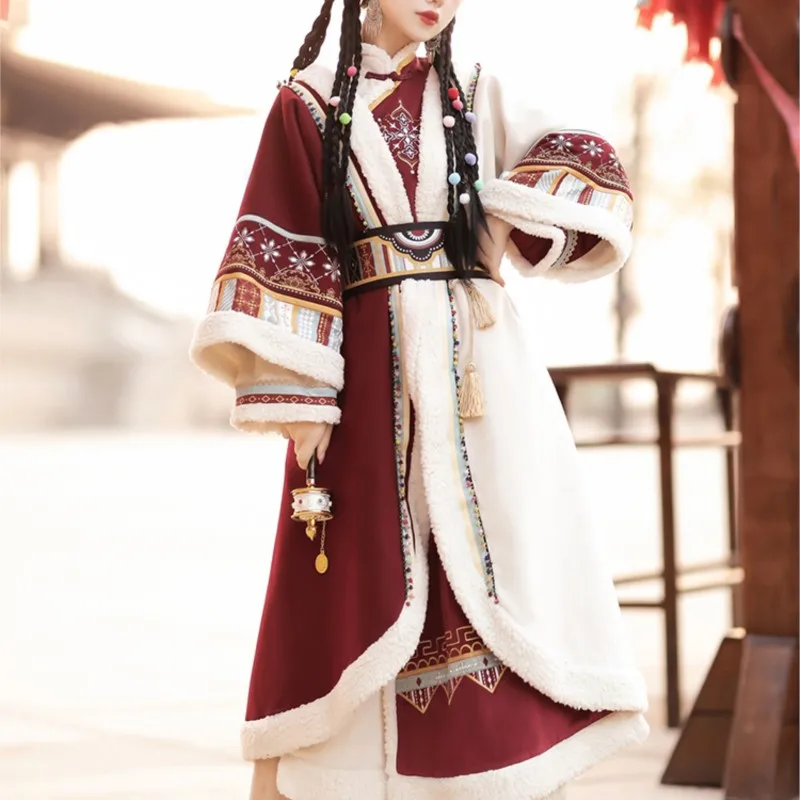 

Original Improved Hanfu Dress Women's Chinese Style Han Elements Ethnic Minority Style Tibetan Robe Cloak Autumn Winter Costume