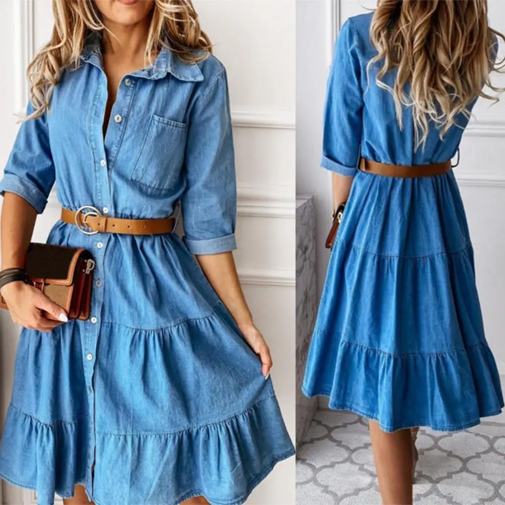 

Denim Dress Three Quarter Sleeve with Belt Turn-down Collar Spring Autumn Buttons Ruffle Jeans Dresses for women 2022