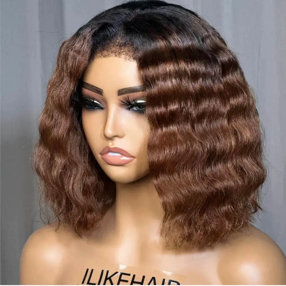 

Preplucked Glueless Soft Ombre Honey Blonde Brown Deep Wave Curly Short Bob Lace Front Wigs For Black Women With Afro Baby Hair