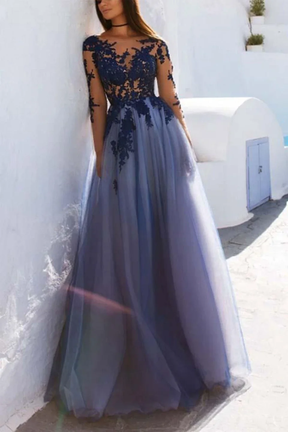 

Женское длинное вечернее платье, синее Тюлевое Платье макси с глубоким вырезом, длинными рукавами и аппликацией, бальное платье для выпускного вечера