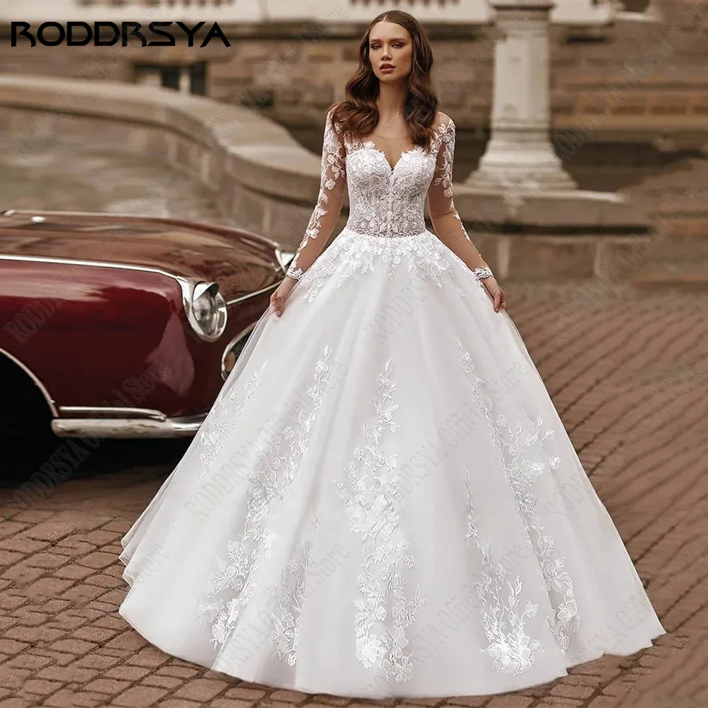 

RODDRSYA A-Line Lace Wedding Dress For Woman Long Sleeves Button Scoop Neck Elegant Vestidos De Novia Applique Tulle Bride Gowns