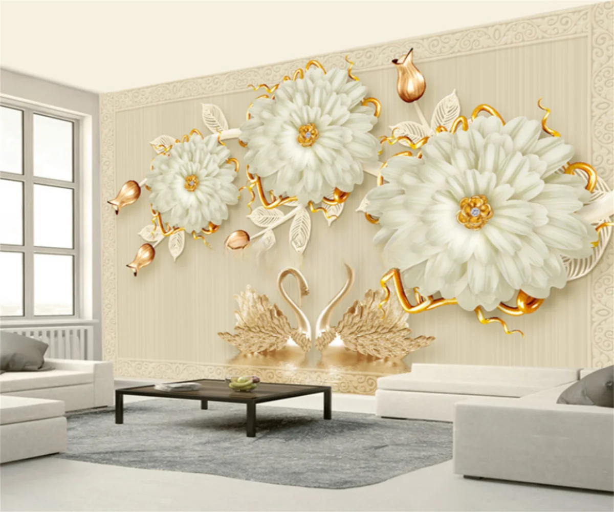 

papel de parede European Style Luxury Jewelry Flowers Swan Mural Wallpaper Living Room TV Sofa Background Wall Covering Decor