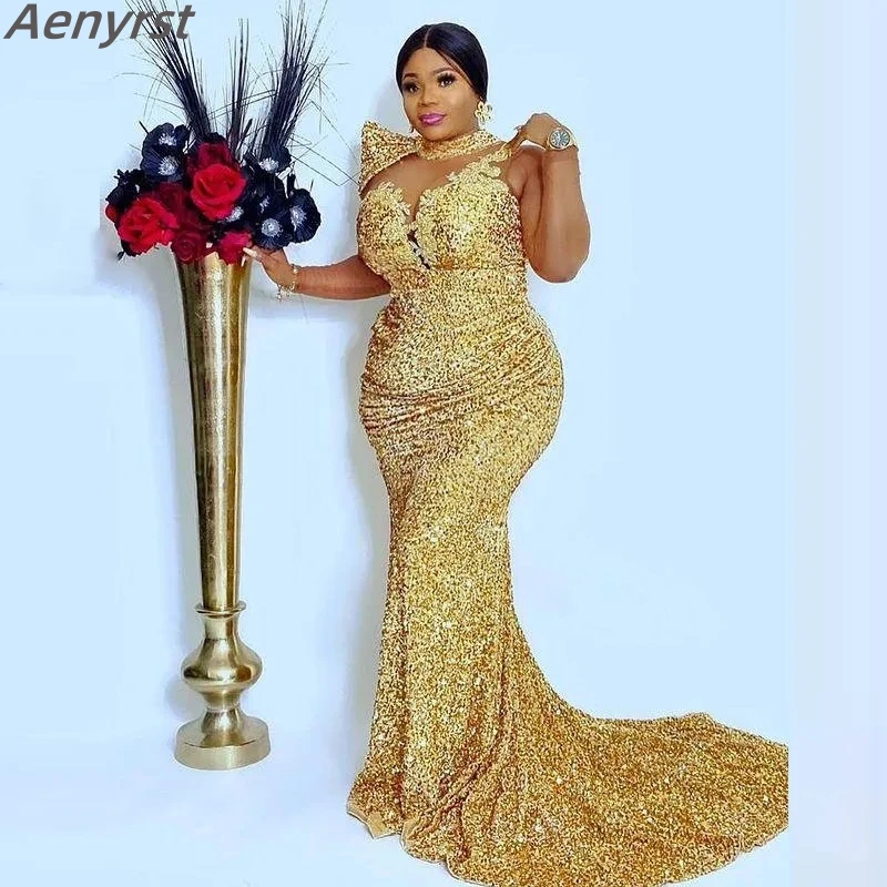 

Aenyrst Sequined Prom Dresses Illusion Long Sleeves High Neck Appliques Evening Dresses Mermaid Aso Ebi Party Gowns Plus Size