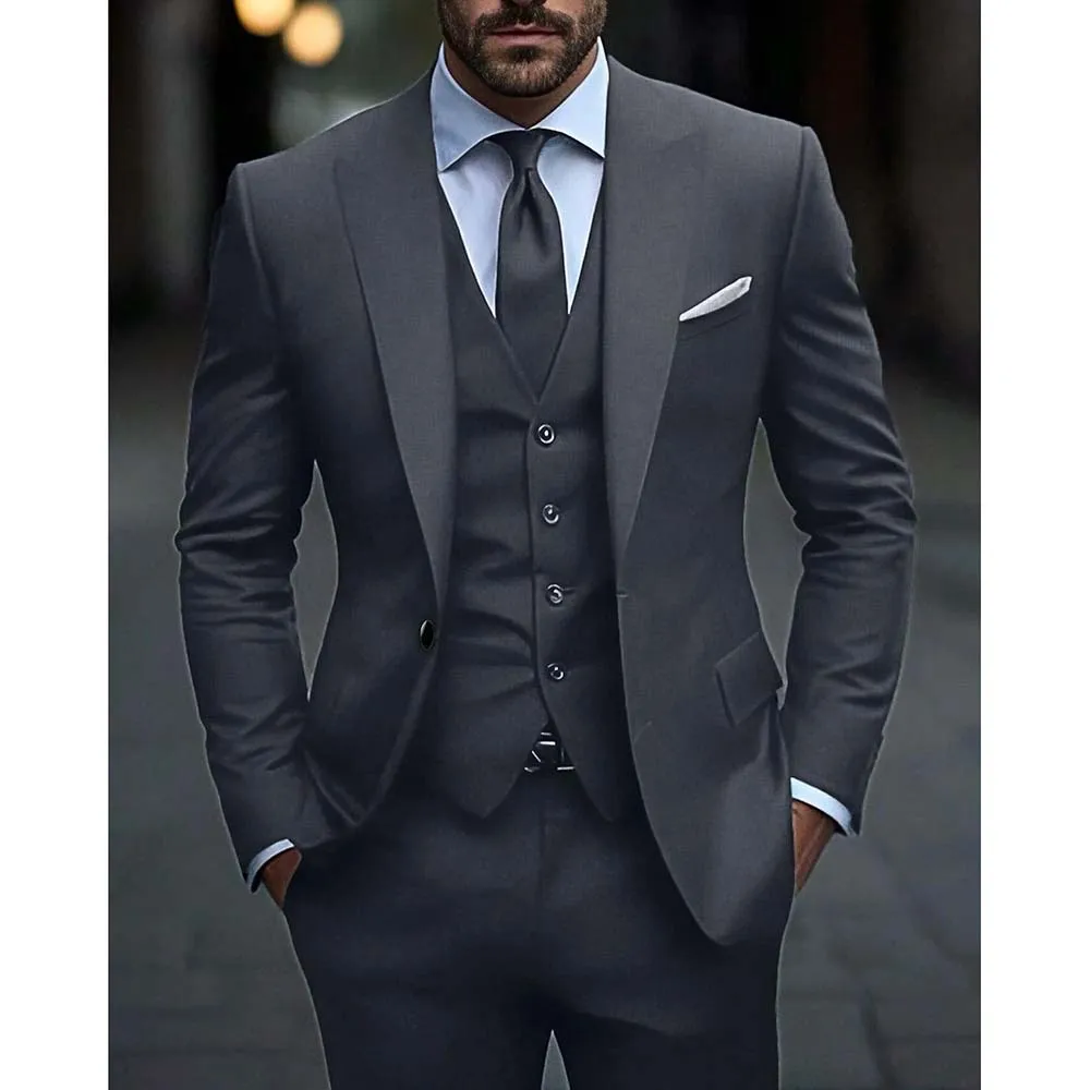 

Dark Grey High Quality Men Suits Slim Fit Single Breasted Peak Lapel Elegant Groom 3 Piece Jacket Pants Vest Bespoke Male Sets