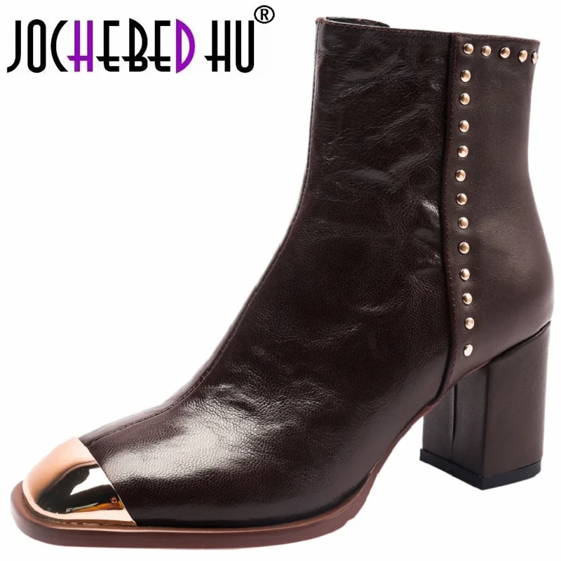 

【JOCHEBED HU】Autumn Winter Fashion Brand Square Toe Women Short Boots Genuine Leather Shoes High Heel Ankle Boot Lady Size 33-46